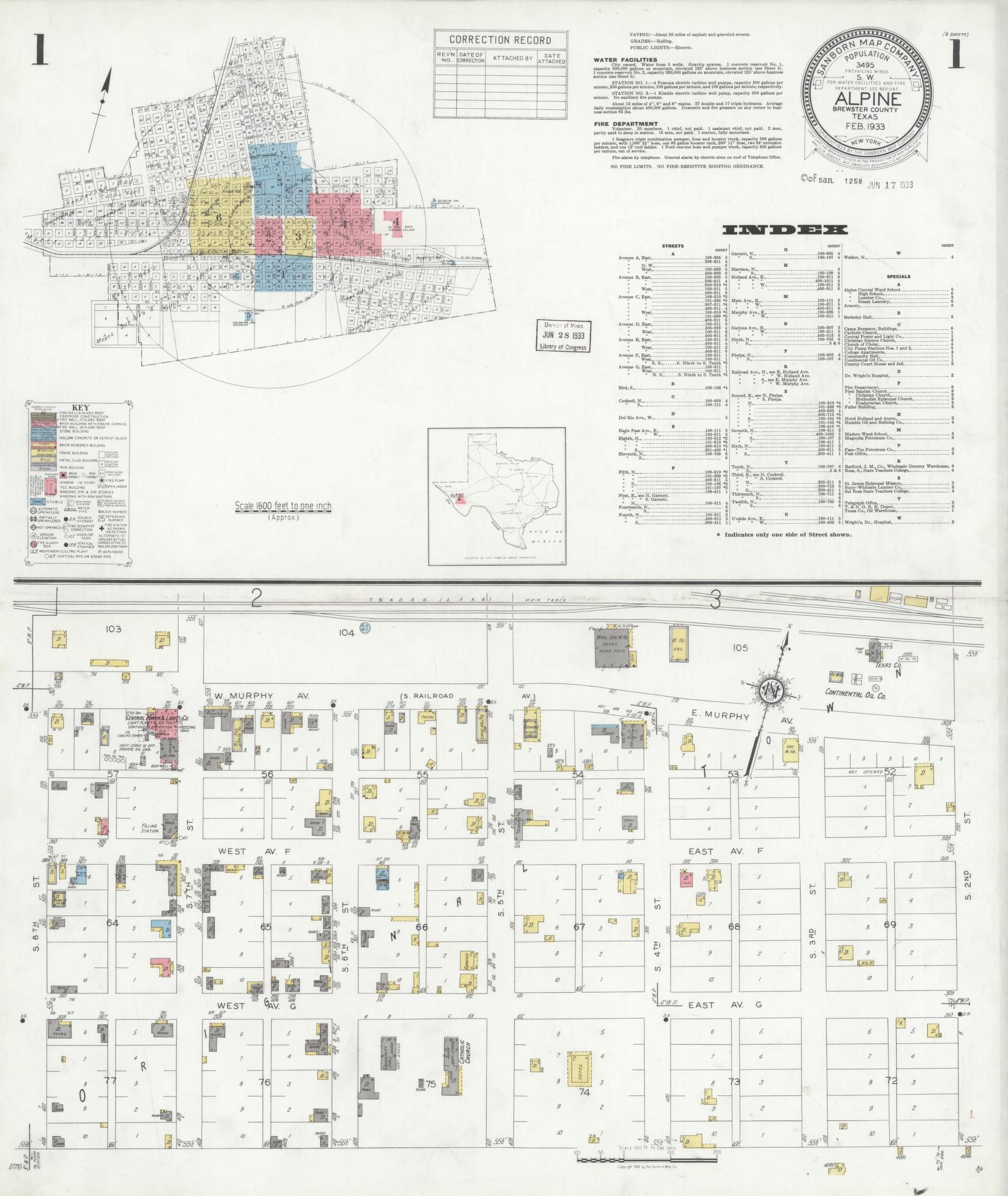 Sanborn Fire Insurance Map from Alpine, Brewster County, Texas (1933), Sheet #0001 - Historic Sanborn Fire Insurance Map Print, vintage old map wall art, antique decor, genealogy gift, Texas Texas map