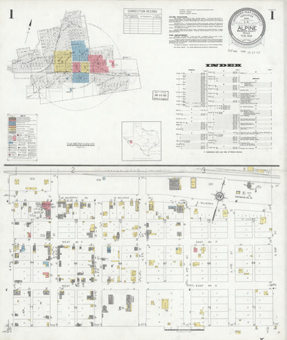 Sanborn Fire Insurance Map from Alpine, Brewster County, Texas (1933), Sheet #0001 - Historic Sanborn Fire Insurance Map Print, vintage old map wall art, antique decor, genealogy gift, Texas Texas map