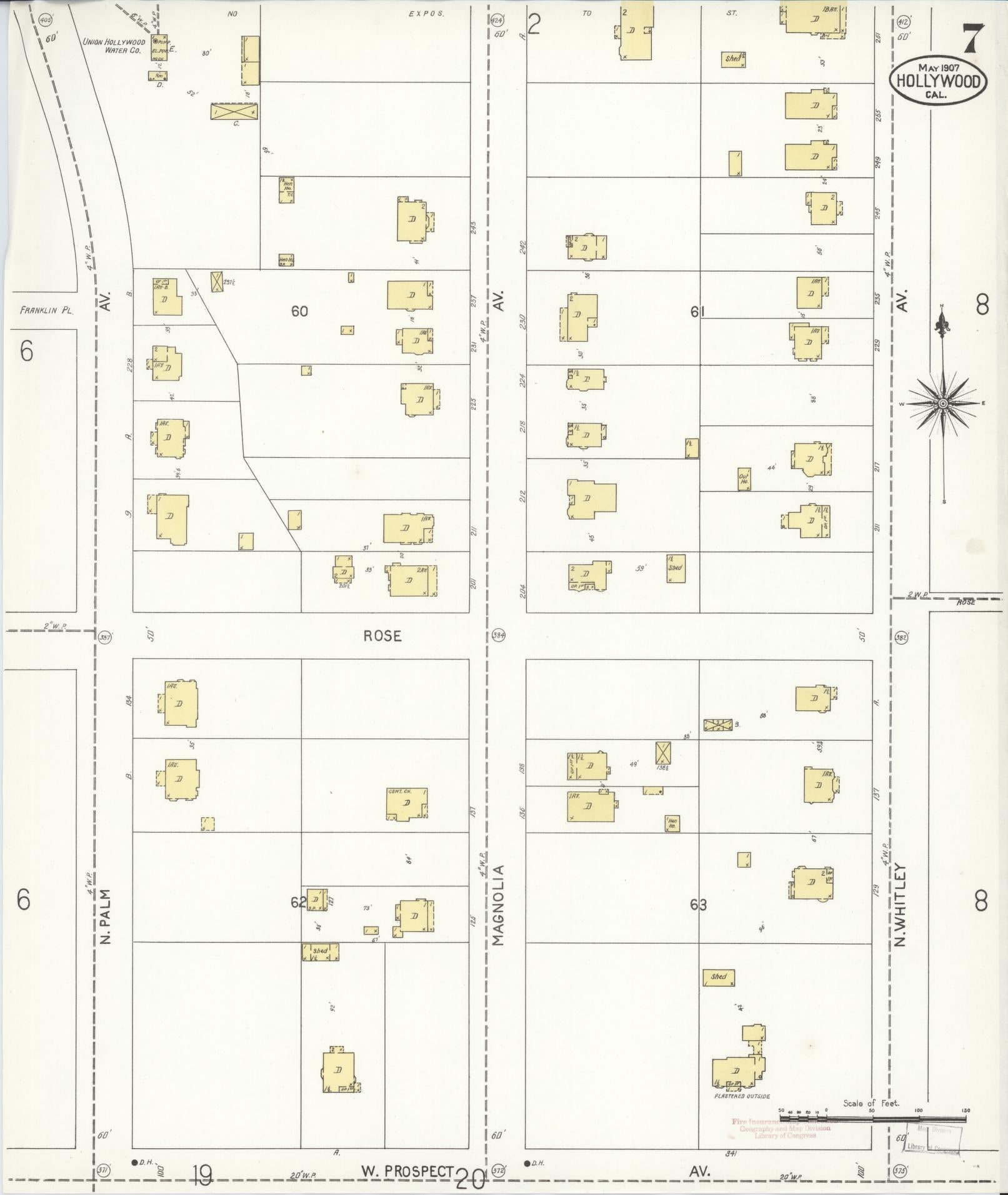 Sanborn Fire Insurance Map from Hollywood, Los Angeles County, California (1907), Sheet #0007 - Historic Sanborn Fire Insurance Map Print, vintage old map wall art, antique decor, genealogy gift, California California map
