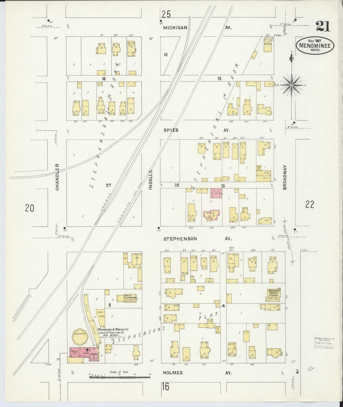 Sanborn Fire Insurance Map from Menominee, Menominee County, Michigan (1907), Sheet #0021 - Complete Map Set gallery image, historic Sanborn map, vintage wall art, Michigan Michigan