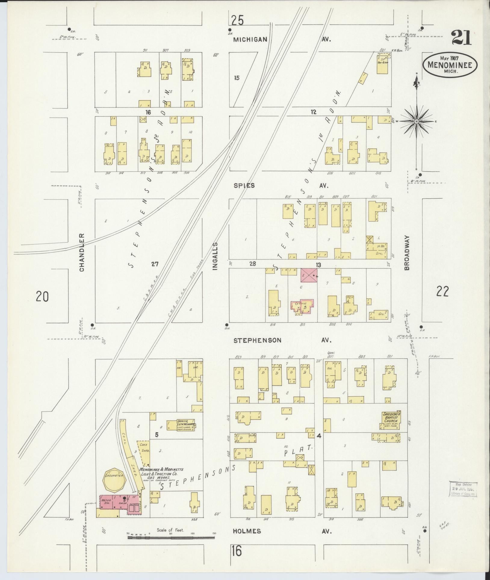 Sanborn Fire Insurance Map from Menominee, Menominee County, Michigan (1907), Sheet #0021 - Complete Map Set gallery image, historic Sanborn map, vintage wall art, Michigan Michigan