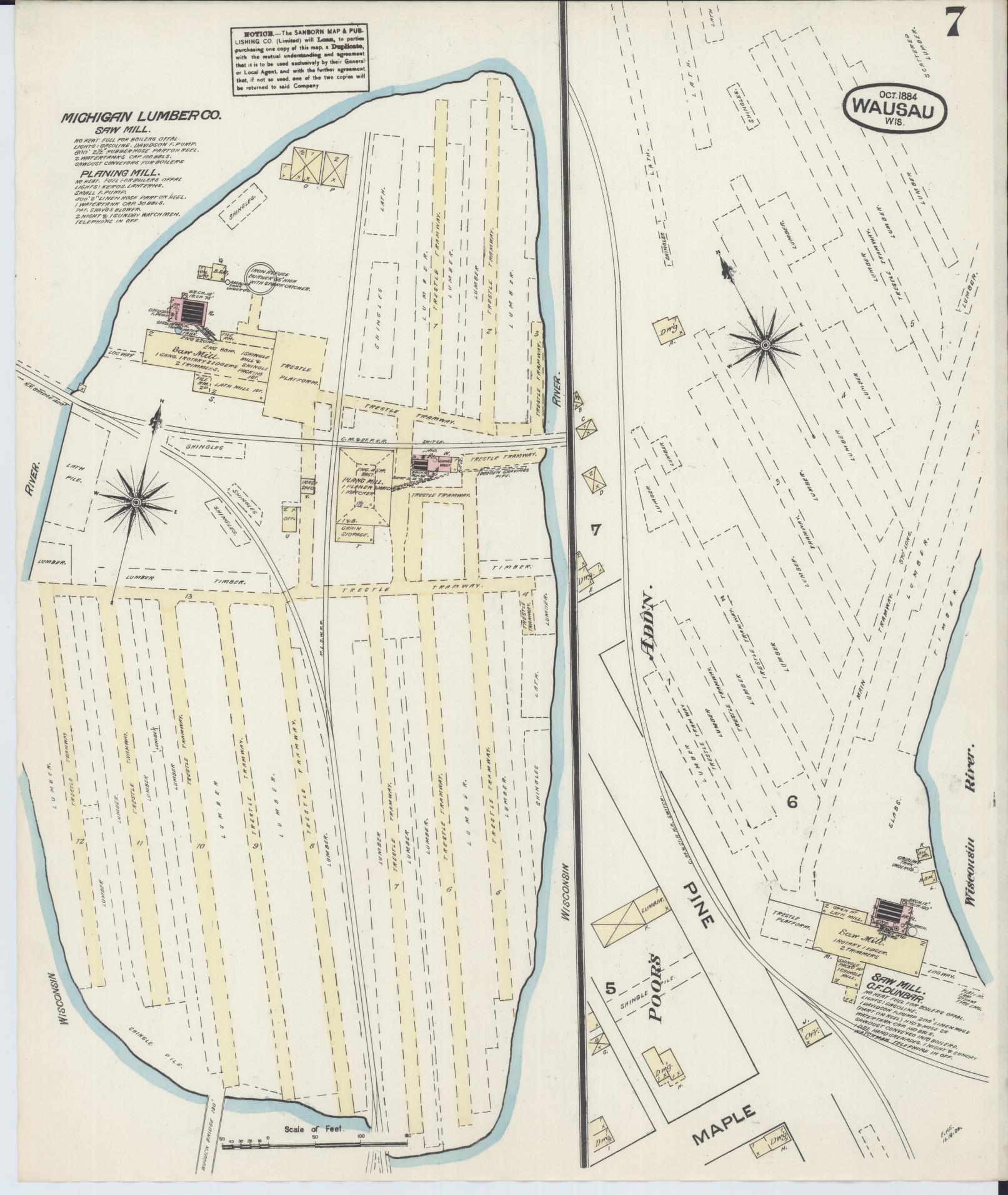 Sanborn Fire Insurance Map from Wausau, Marathon County, Wisconsin (1884), Sheet #0007 - Historic Sanborn Fire Insurance Map Print, vintage old map wall art, antique decor, genealogy gift, Wisconsin Wisconsin map