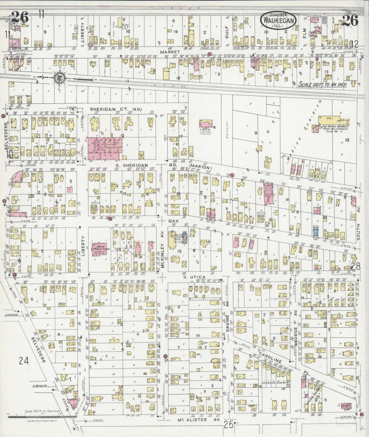 Sanborn Fire Insurance Map from Waukegan, Lake County, Illinois (1924), Sheet #0026 - Complete Map Set gallery image, historic Sanborn map, vintage wall art, Illinois Illinois
