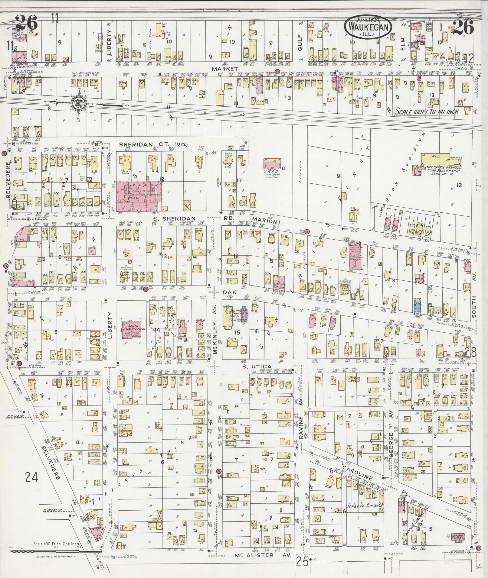Sanborn Fire Insurance Map from Waukegan, Lake County, Illinois (1924), Sheet #0026 - Complete Map Set gallery image, historic Sanborn map, vintage wall art, Illinois Illinois