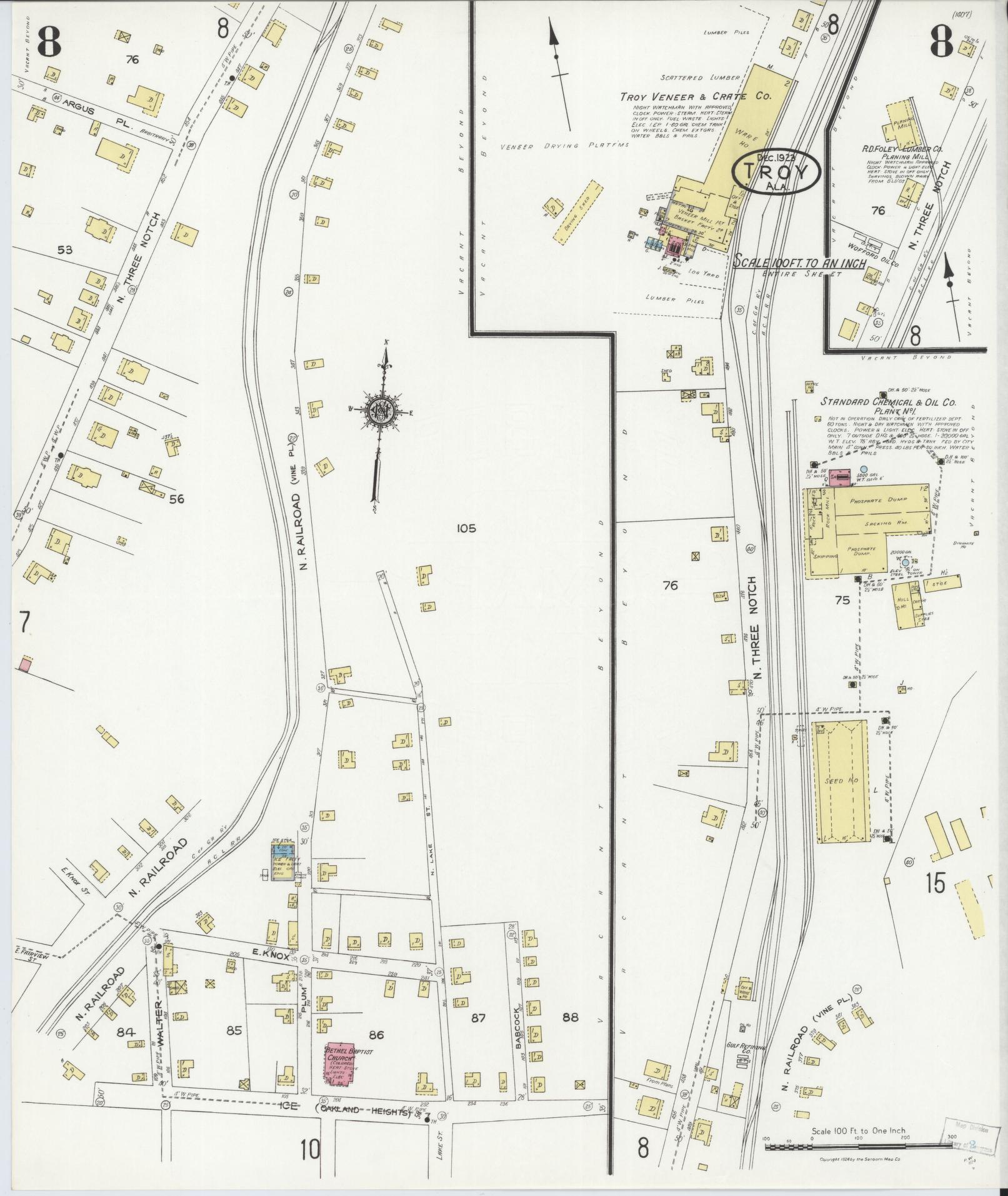 Sanborn Fire Insurance Map from Troy, Pike County, Alabama (1923), Sheet #0008 - Complete Map Set gallery image, historic Sanborn map, vintage wall art, Alabama Alabama