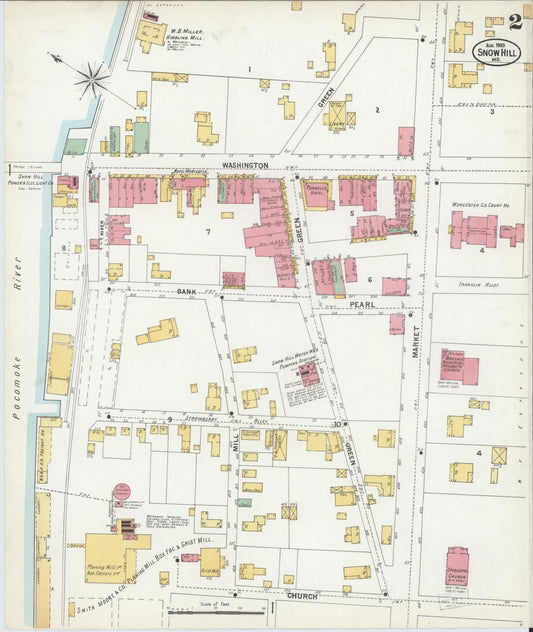 Sanborn Fire Insurance Map from Snow Hill, Worcester County, Maryland (1900), Sheet #0002 - Historic Sanborn Fire Insurance Map Print, vintage old map wall art