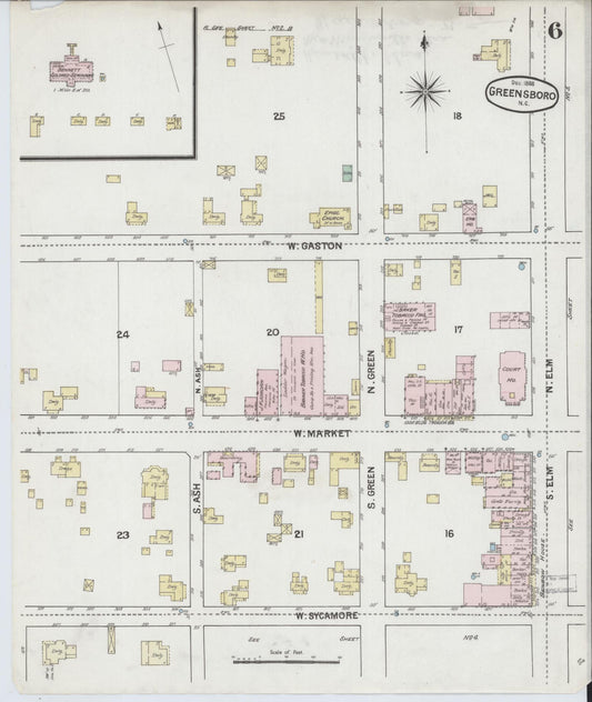 Sanborn Fire Insurance Map from Greensboro, Guilford County, North Carolina (1888), Sheet #0006 - Historic Sanborn Fire Insurance Map Print, vintage old map wall art, antique decor, genealogy gift, North Carolina North Carolina map