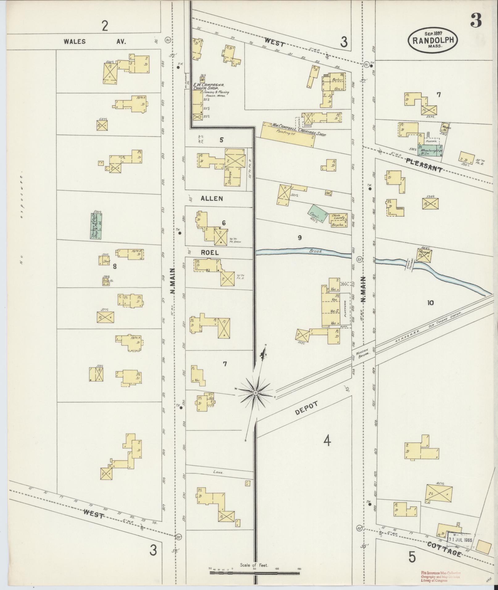 Sanborn Fire Insurance Map from Randolph, Norfolk County, Massachusetts (1897), Sheet #0003 - Historic Sanborn Fire Insurance Map Print, vintage old map wall art, antique decor, genealogy gift, Massachusetts Massachusetts map