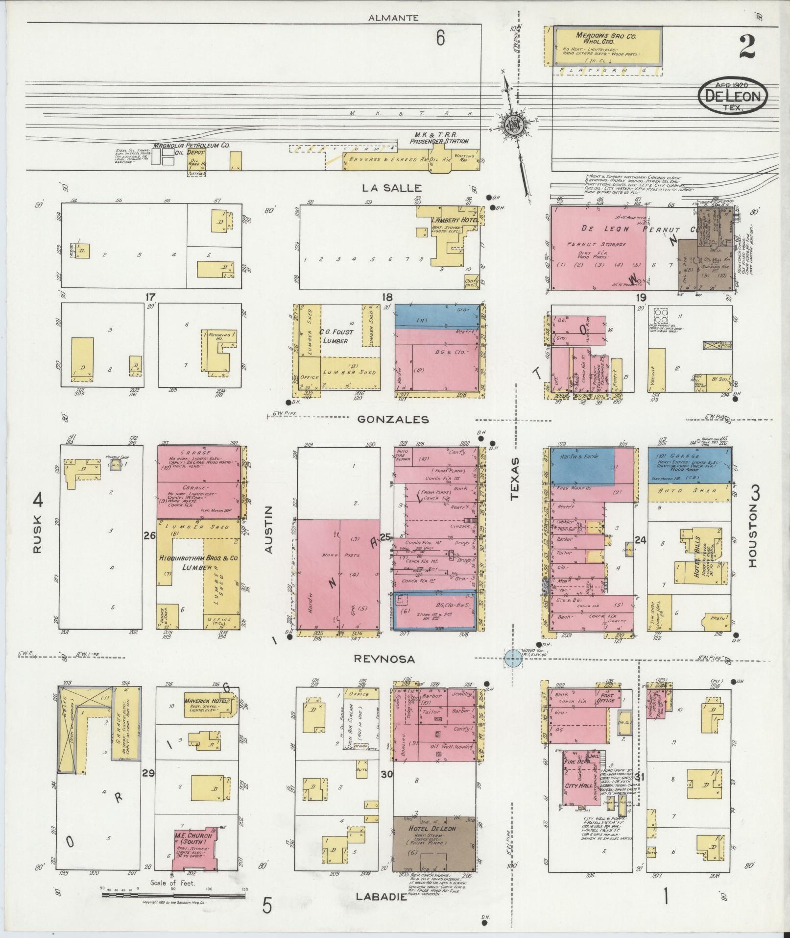 Sanborn Fire Insurance Map from De Leon, Comanche County, Texas (1920), Sheet #0002 - Historic Sanborn Fire Insurance Map Print, vintage old map wall art, antique decor, genealogy gift, Texas Texas map