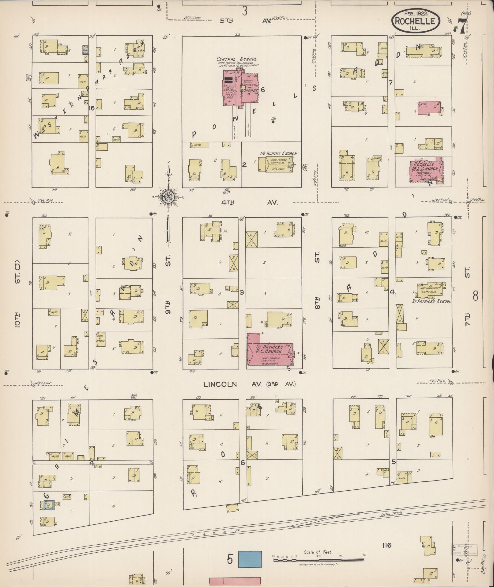 Sanborn Fire Insurance Map from Rochelle, Ogle County, Illinois (1922), Sheet #0007 - Historic Sanborn Fire Insurance Map Print, vintage old map wall art, antique decor, genealogy gift, Illinois Illinois map