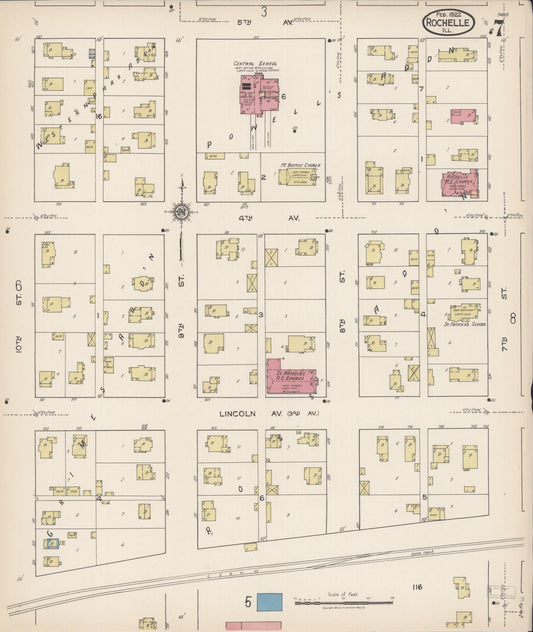 Sanborn Fire Insurance Map from Rochelle, Ogle County, Illinois (1922), Sheet #0007 - Historic Sanborn Fire Insurance Map Print, vintage old map wall art, antique decor, genealogy gift, Illinois Illinois map