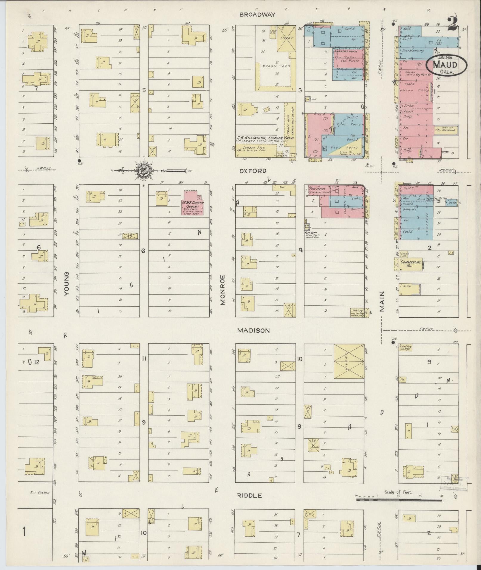 Sanborn Fire Insurance Map from Maud, Pottawatomie County, Oklahoma (1915), Sheet #0002 - Historic Sanborn Fire Insurance Map Print, vintage old map wall art, antique decor, genealogy gift, Oklahoma Oklahoma map