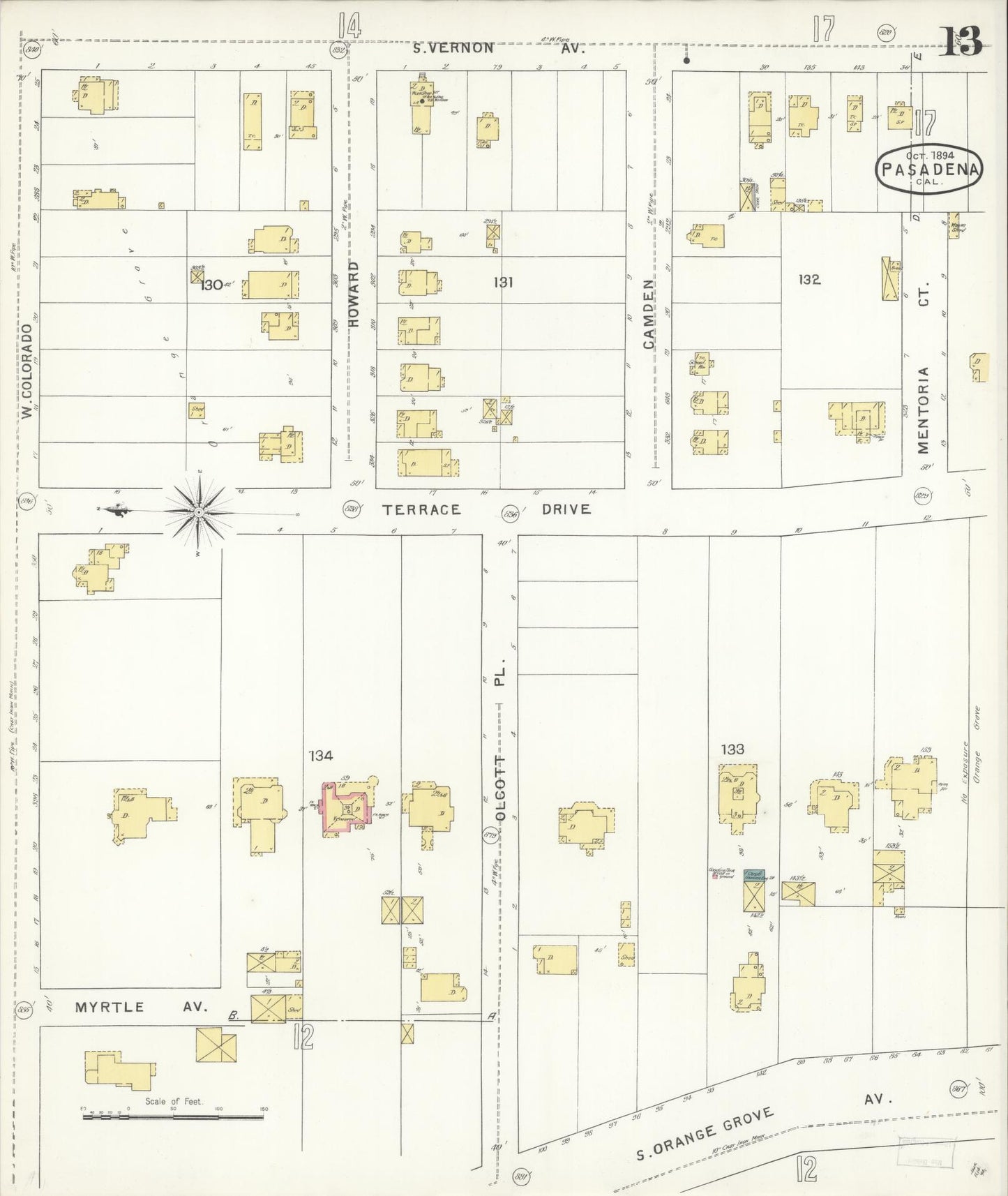 Sanborn Fire Insurance Map from Pasadena, Los Angeles County, California (1894), Sheet #0013 - Complete Map Set gallery image, historic Sanborn map, vintage wall art, California California