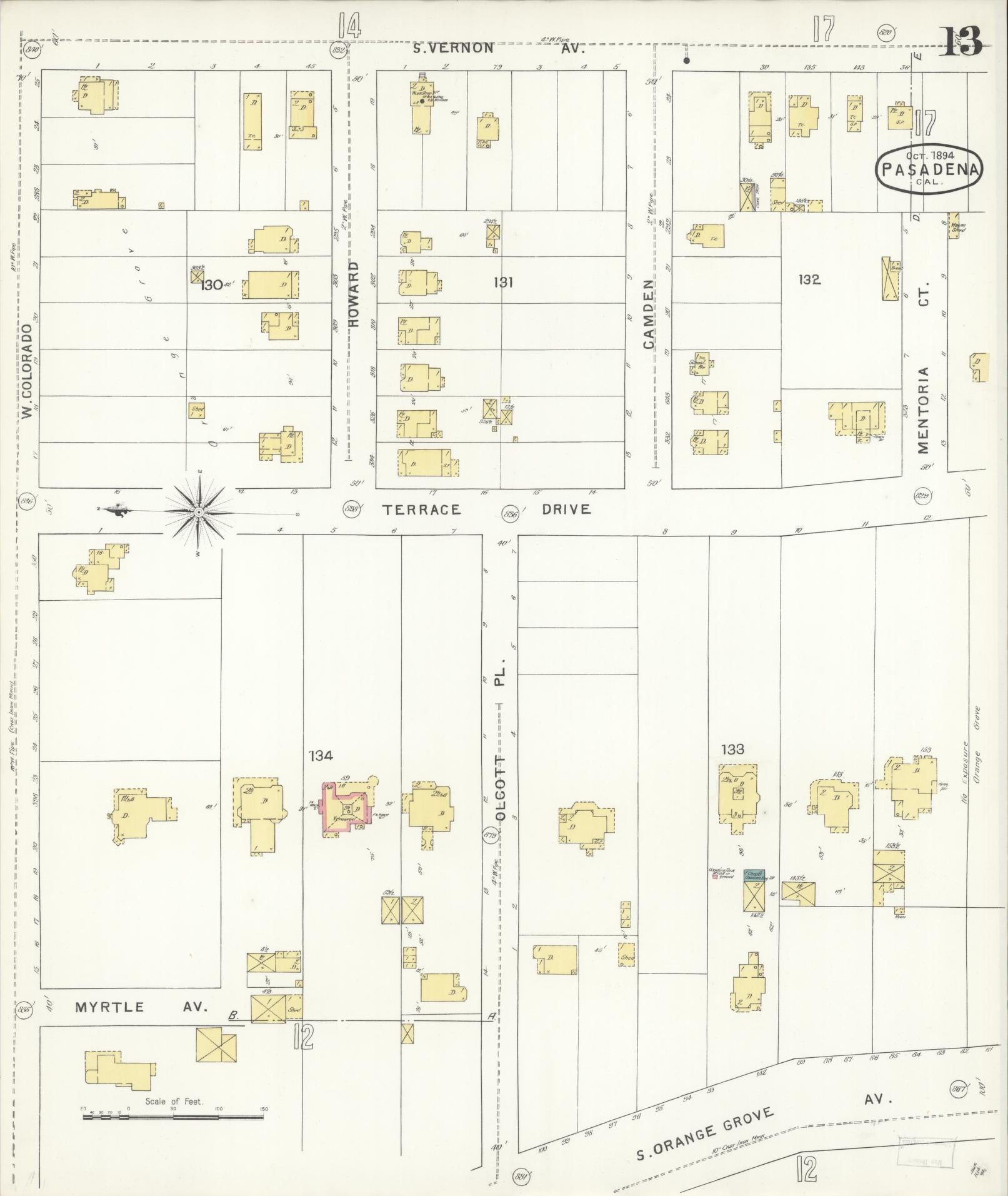 Sanborn Fire Insurance Map from Pasadena, Los Angeles County, California (1894), Sheet #0013 - Complete Map Set gallery image, historic Sanborn map, vintage wall art, California California