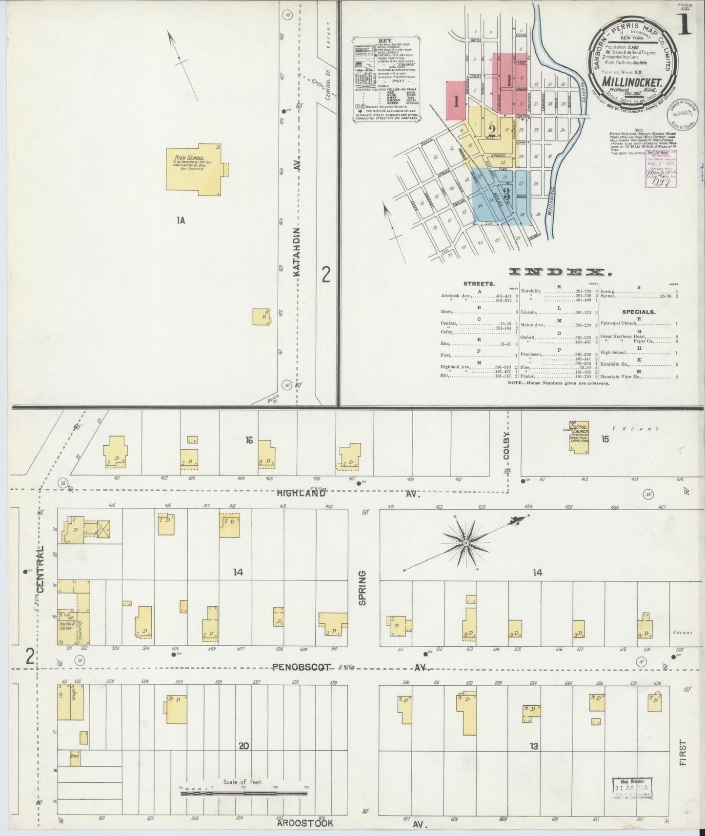 Sanborn Fire Insurance Map from Millinocket, Penobscot County, Maine (1901), Sheet #0001 - Historic Sanborn Fire Insurance Map Print, vintage old map wall art, antique decor, genealogy gift, Maine Maine map