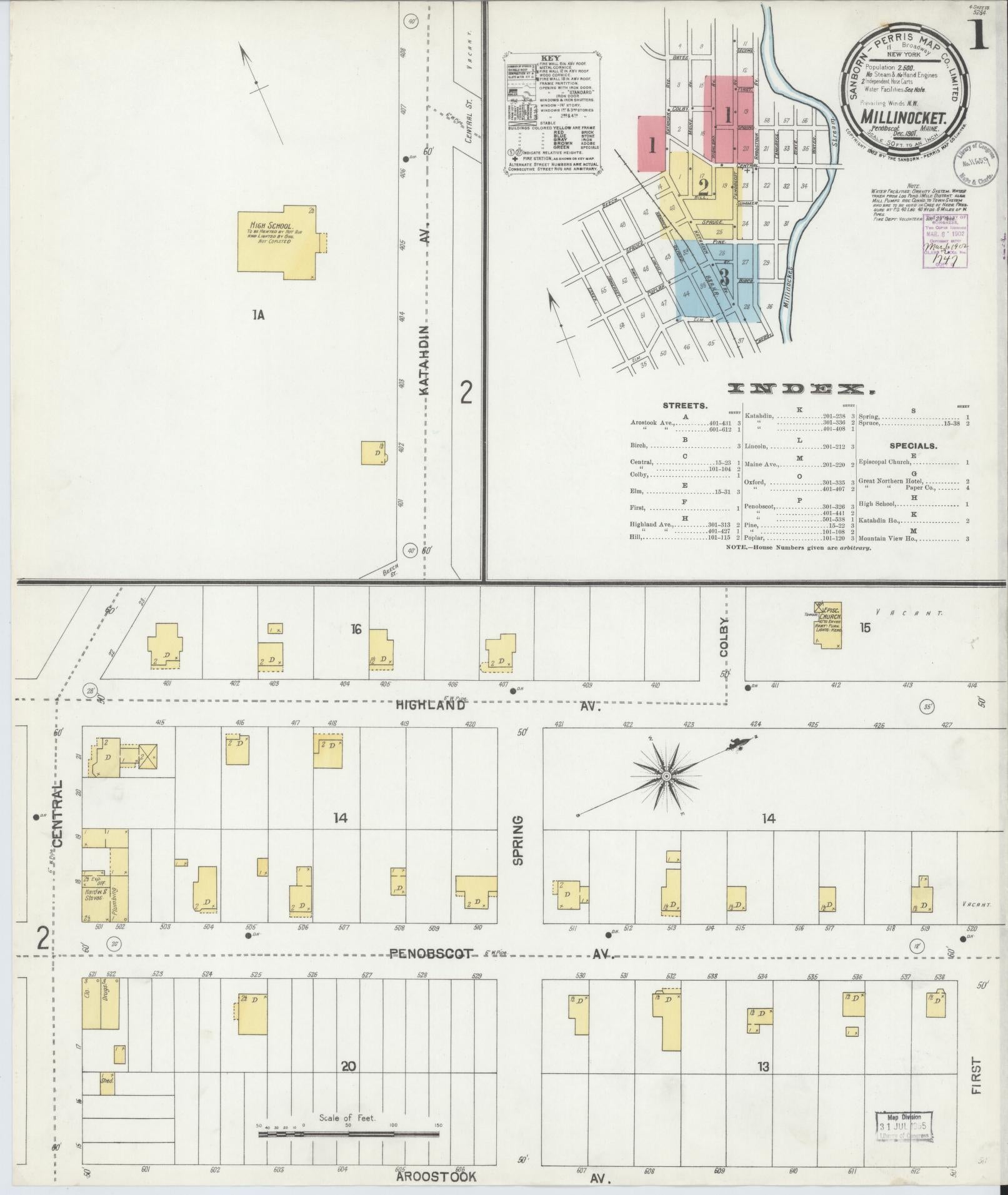 Sanborn Fire Insurance Map from Millinocket, Penobscot County, Maine (1901), Sheet #0001 - Historic Sanborn Fire Insurance Map Print, vintage old map wall art, antique decor, genealogy gift, Maine Maine map