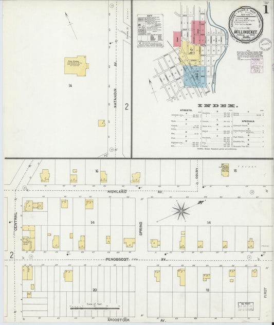 Sanborn Fire Insurance Map from Millinocket, Penobscot County, Maine (1901), Sheet #0001 - Historic Sanborn Fire Insurance Map Print, vintage old map wall art, antique decor, genealogy gift, Maine Maine map