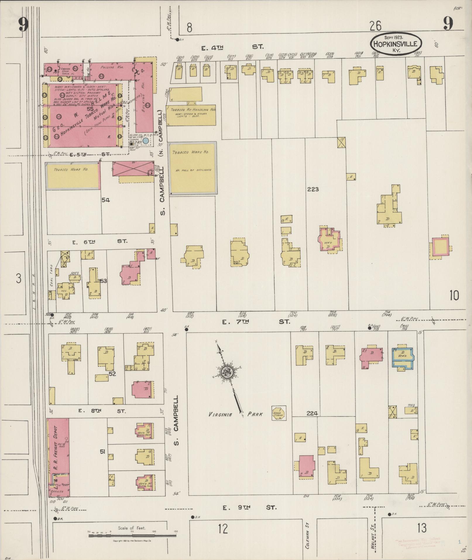 Sanborn Fire Insurance Map from Hopkinsville, Christian County, Kentucky (1923), Sheet #0009 - Complete Map Set gallery image, historic Sanborn map, vintage wall art, Kentucky Kentucky