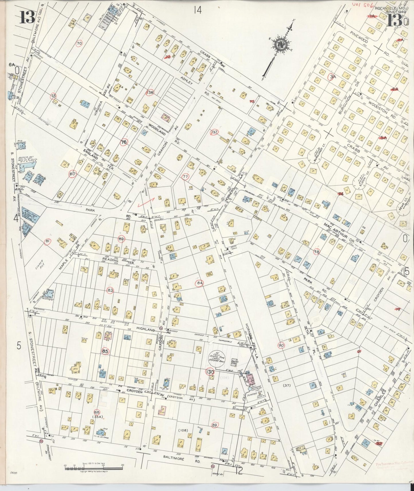 Sanborn Fire Insurance Map from Rockville, Montgomery County, Maryland (1960), Sheet #0013 - Historic Sanborn Fire Insurance Map Print, vintage old map wall art