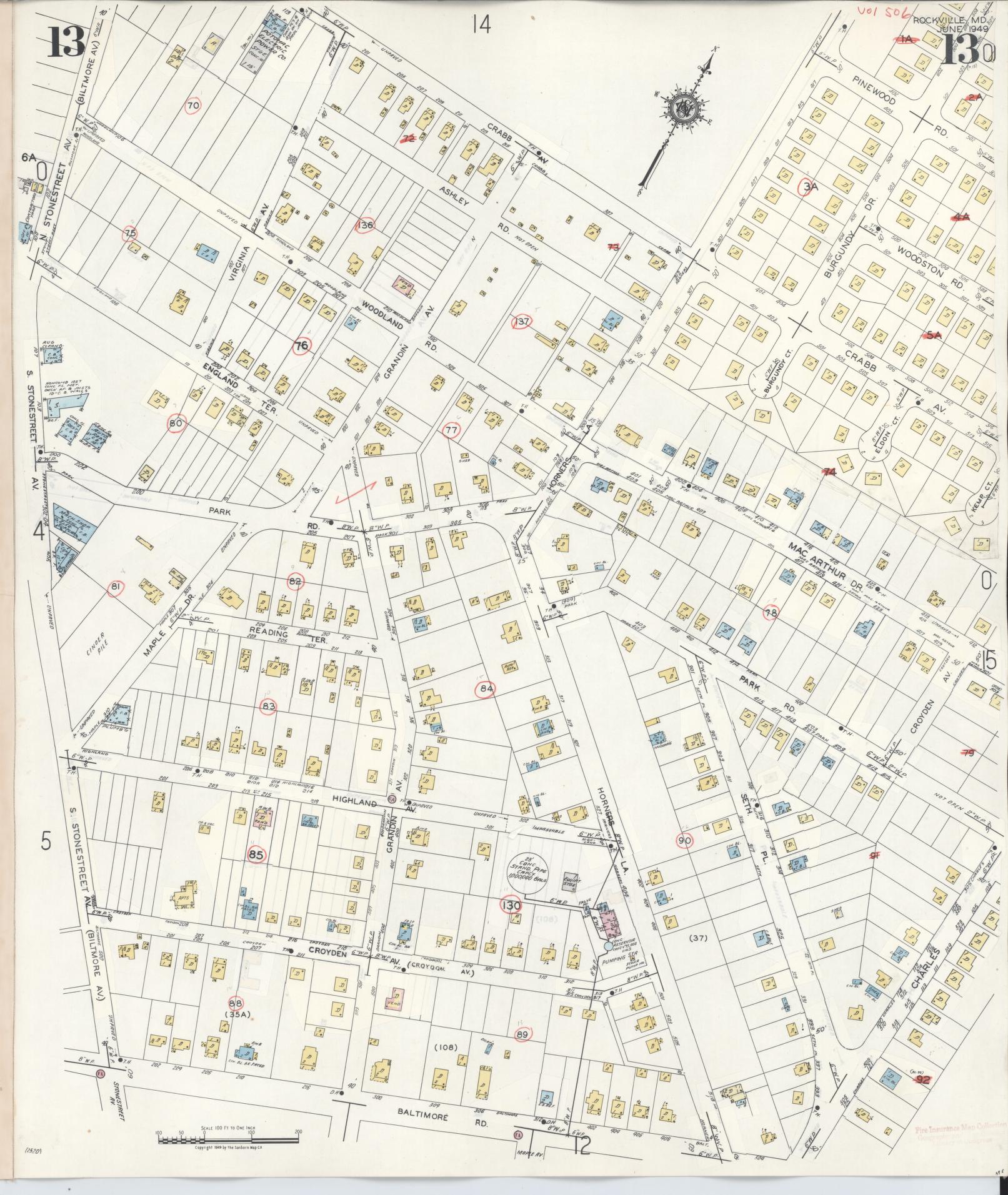 Sanborn Fire Insurance Map from Rockville, Montgomery County, Maryland (1960), Sheet #0013 - Historic Sanborn Fire Insurance Map Print, vintage old map wall art
