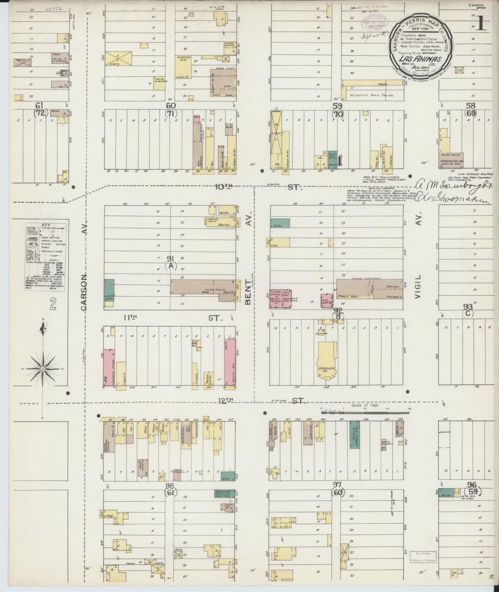 Sanborn Fire Insurance Map from Las Animas, Bent County, Colorado (1893), Sheet #0001 - Historic Sanborn Fire Insurance Map Print, vintage old map wall art, antique decor, genealogy gift, Colorado Colorado map