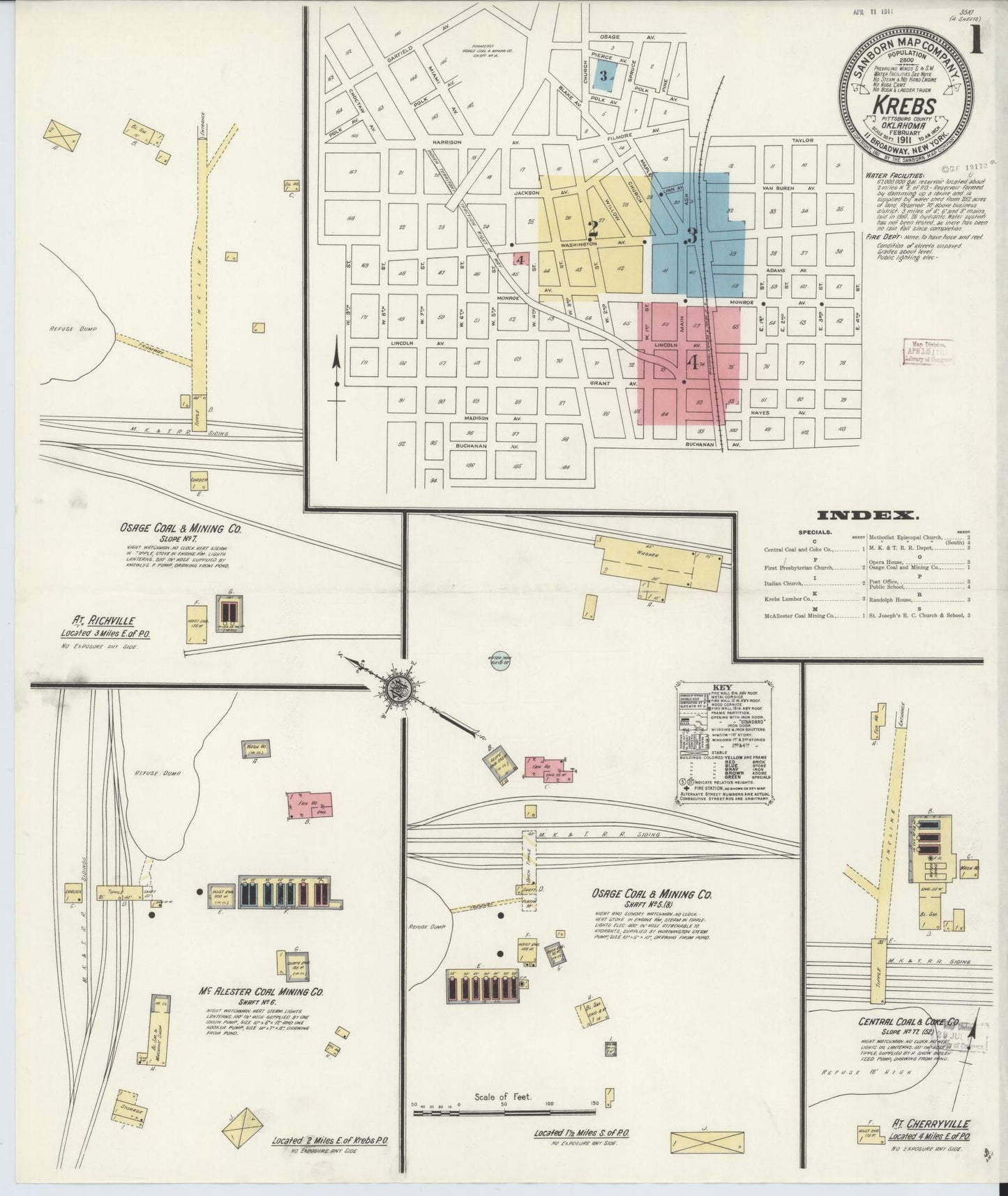 Sanborn Fire Insurance Map from Krebs, Pittsburg County, Oklahoma (1911), Sheet #0001 - Historic Sanborn Fire Insurance Map Print, vintage old map wall art, antique decor, genealogy gift, Oklahoma Oklahoma map
