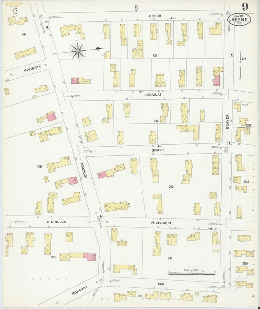 Sanborn Fire Insurance Map from Keene, Cheshire County, New Hampshire (1908), Sheet #0009 - Historic Sanborn Fire Insurance Map Print, vintage old map wall art, antique decor, genealogy gift, New Hampshire New Hampshire map