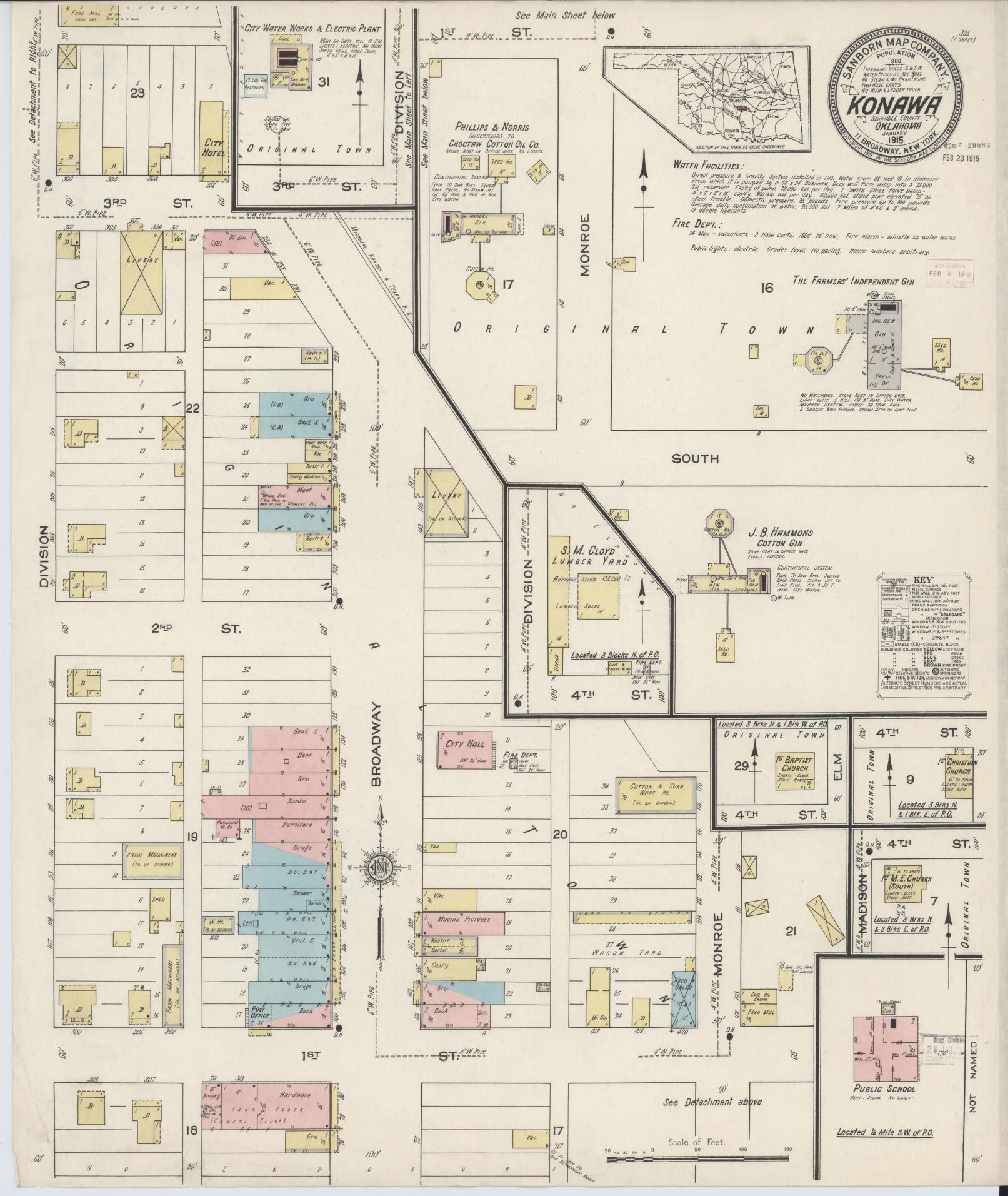 Sanborn Fire Insurance Map from Konawa, Seminole County, Oklahoma (1915), Sheet #0001 - Historic Sanborn Fire Insurance Map Print, vintage old map wall art, antique decor, genealogy gift, Oklahoma Oklahoma map