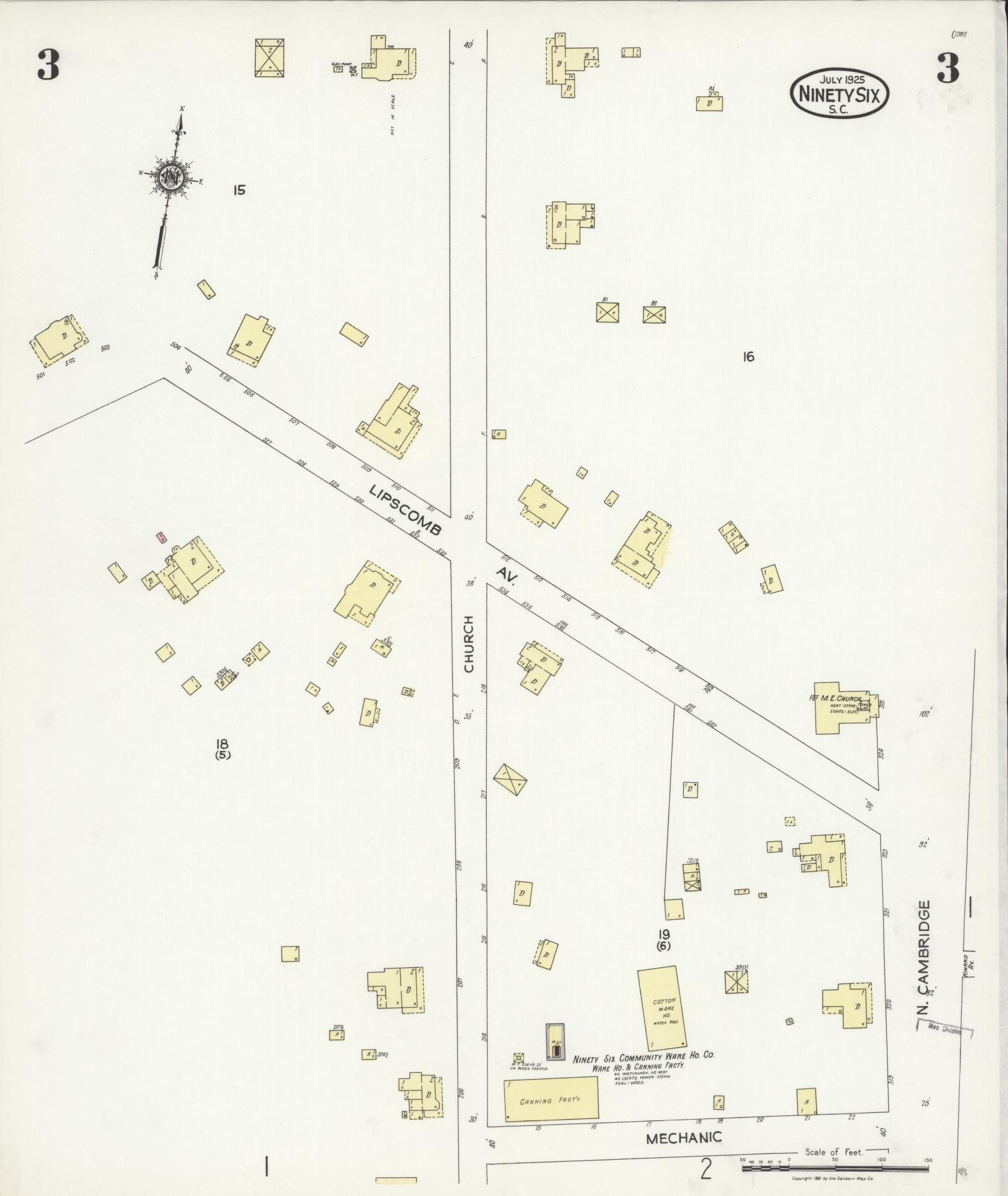 Sanborn Fire Insurance Map from Ninety Six, Greenwood County, South Carolina (1925), Sheet #0003 - Complete Map Set gallery image, historic Sanborn map, vintage wall art, South Carolina South Carolina
