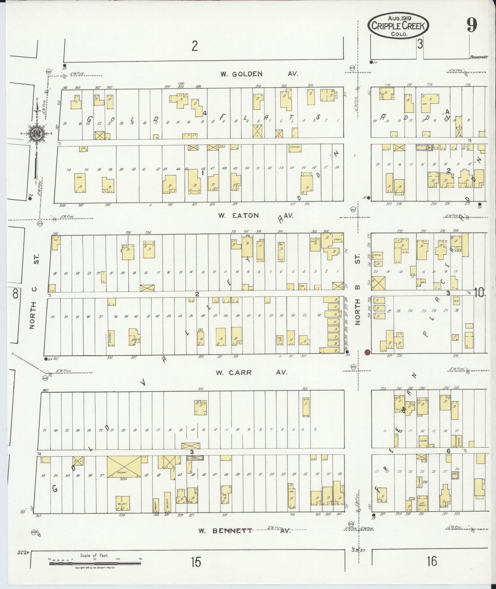 Sanborn Fire Insurance Map from Cripple Creek, Teller County, Colorado (1919), Sheet #0009 - Historic Sanborn Fire Insurance Map Print, vintage old map wall art, antique decor, genealogy gift, Colorado Colorado map