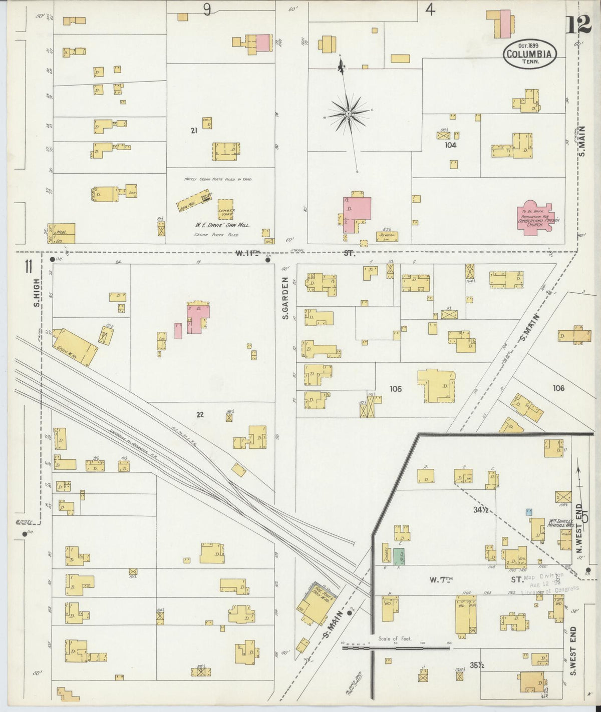 Sanborn Fire Insurance Map from Columbia, Maury County, Tennessee (1899), Sheet #0012 - Complete Map Set gallery image, historic Sanborn map, vintage wall art, Tennessee Tennessee
