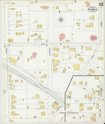 Sanborn Fire Insurance Map from Columbia, Maury County, Tennessee (1899), Sheet #0012 - Complete Map Set gallery image, historic Sanborn map, vintage wall art, Tennessee Tennessee