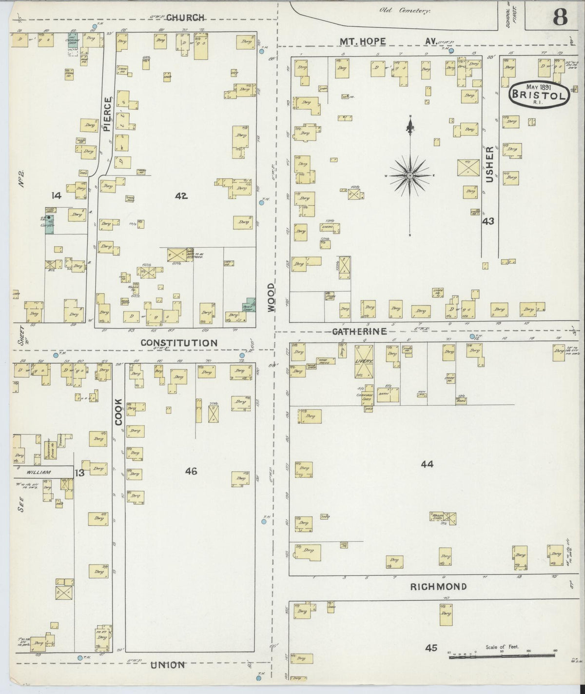 Sanborn Fire Insurance Map from Bristol, Bristol County, Rhode Island (1891), Sheet #0008 - Historic Sanborn Fire Insurance Map Print, vintage old map wall art, antique decor, genealogy gift, Rhode Island Rhode Island map