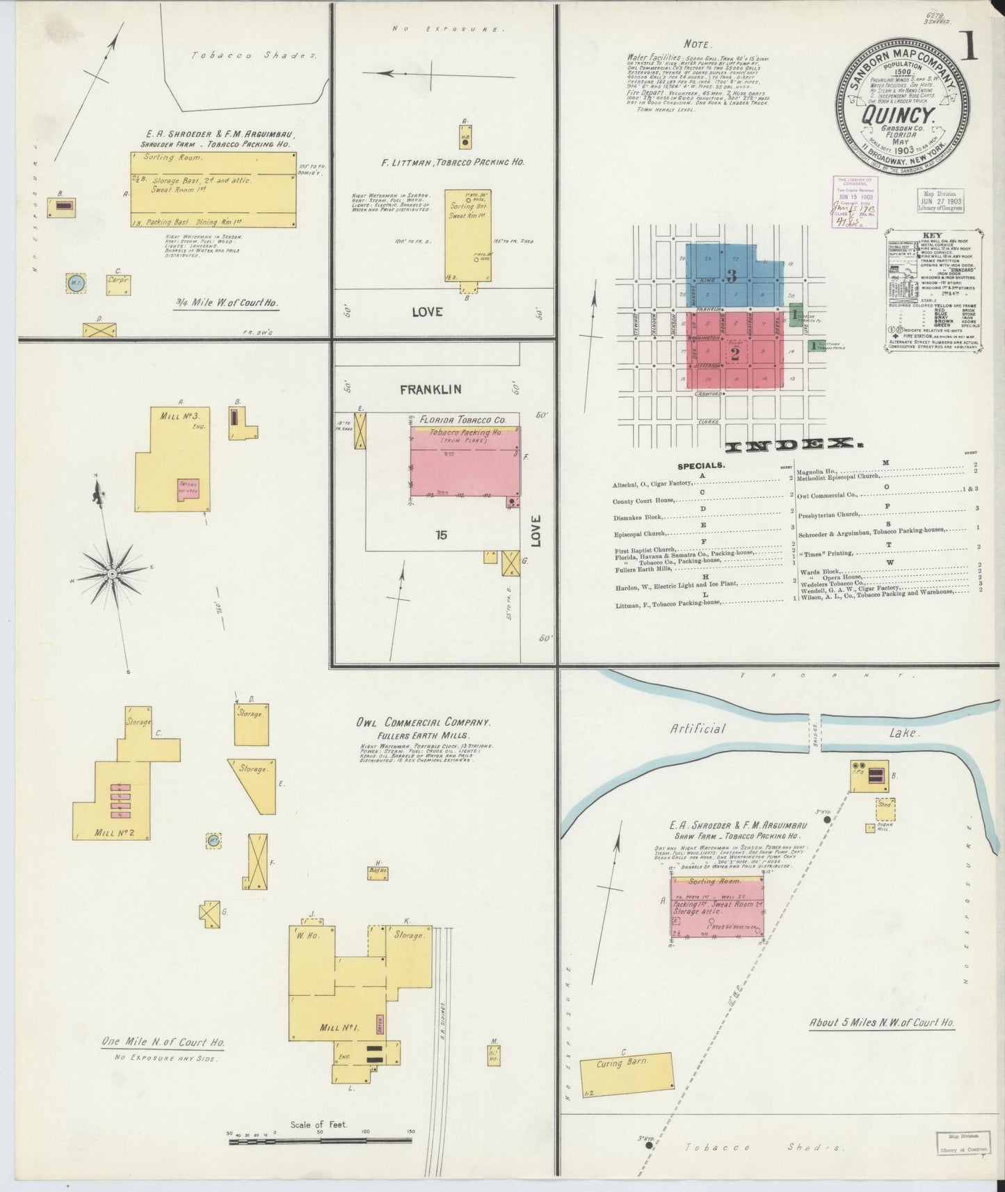 Sanborn Fire Insurance Map from Quincy, Gadsden County, Florida (1903), Sheet #0001 - Complete Map Set gallery image, historic Sanborn map, vintage wall art, Florida Florida