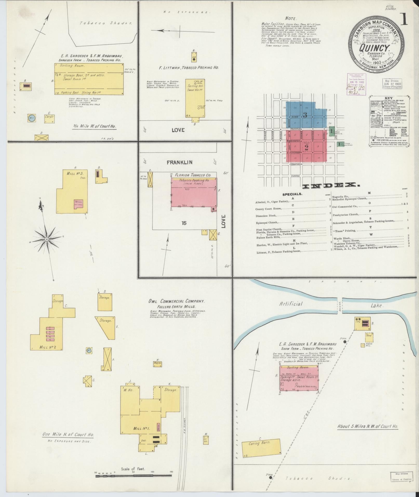 Sanborn Fire Insurance Map from Quincy, Gadsden County, Florida (1903), Sheet #0001 - Complete Map Set gallery image, historic Sanborn map, vintage wall art, Florida Florida