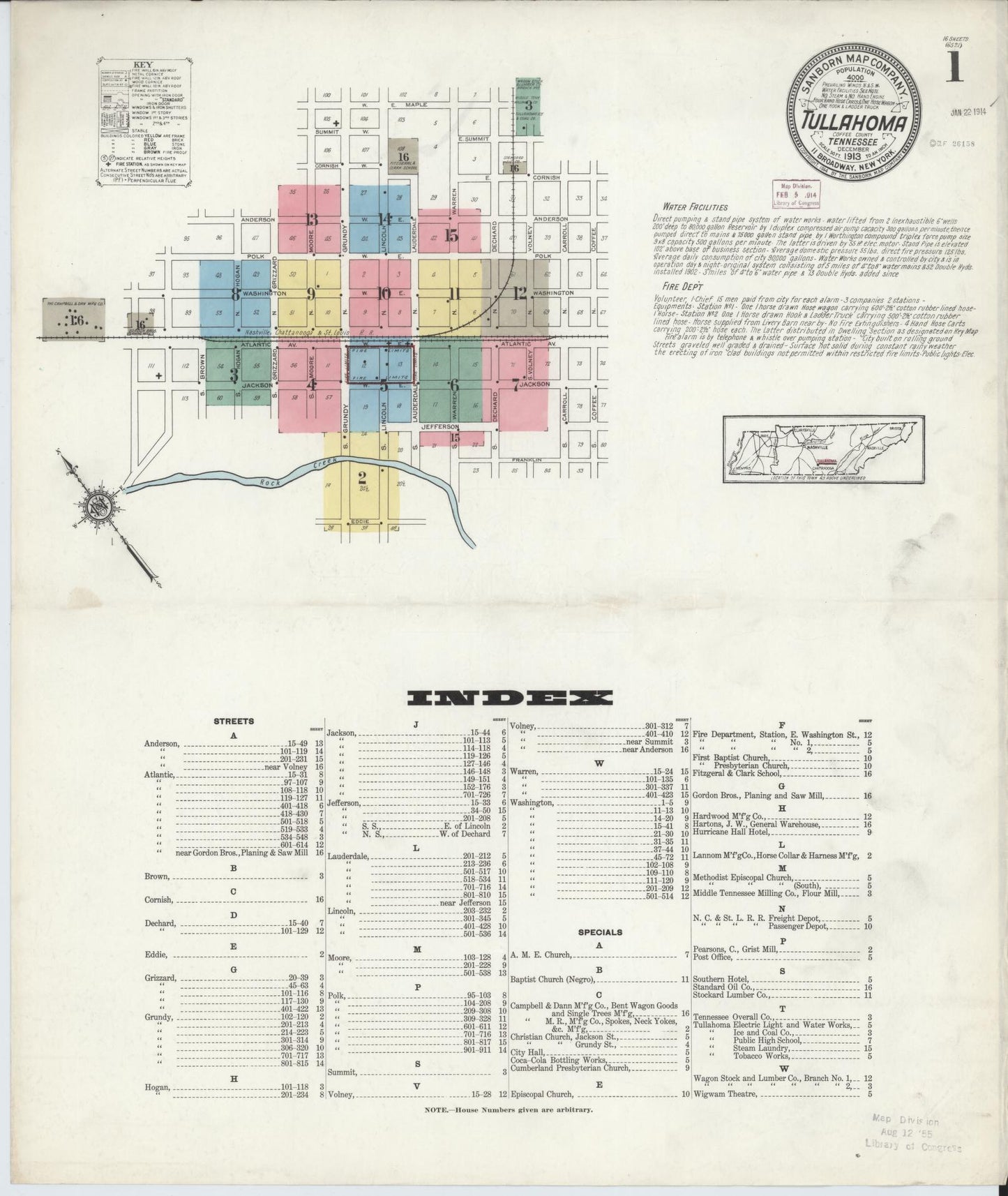 Sanborn Fire Insurance Map from Tullahoma, Coffee County, Tennessee (1913), Sheet #0001 - Complete Map Set gallery image, historic Sanborn map, vintage wall art, Tennessee Tennessee