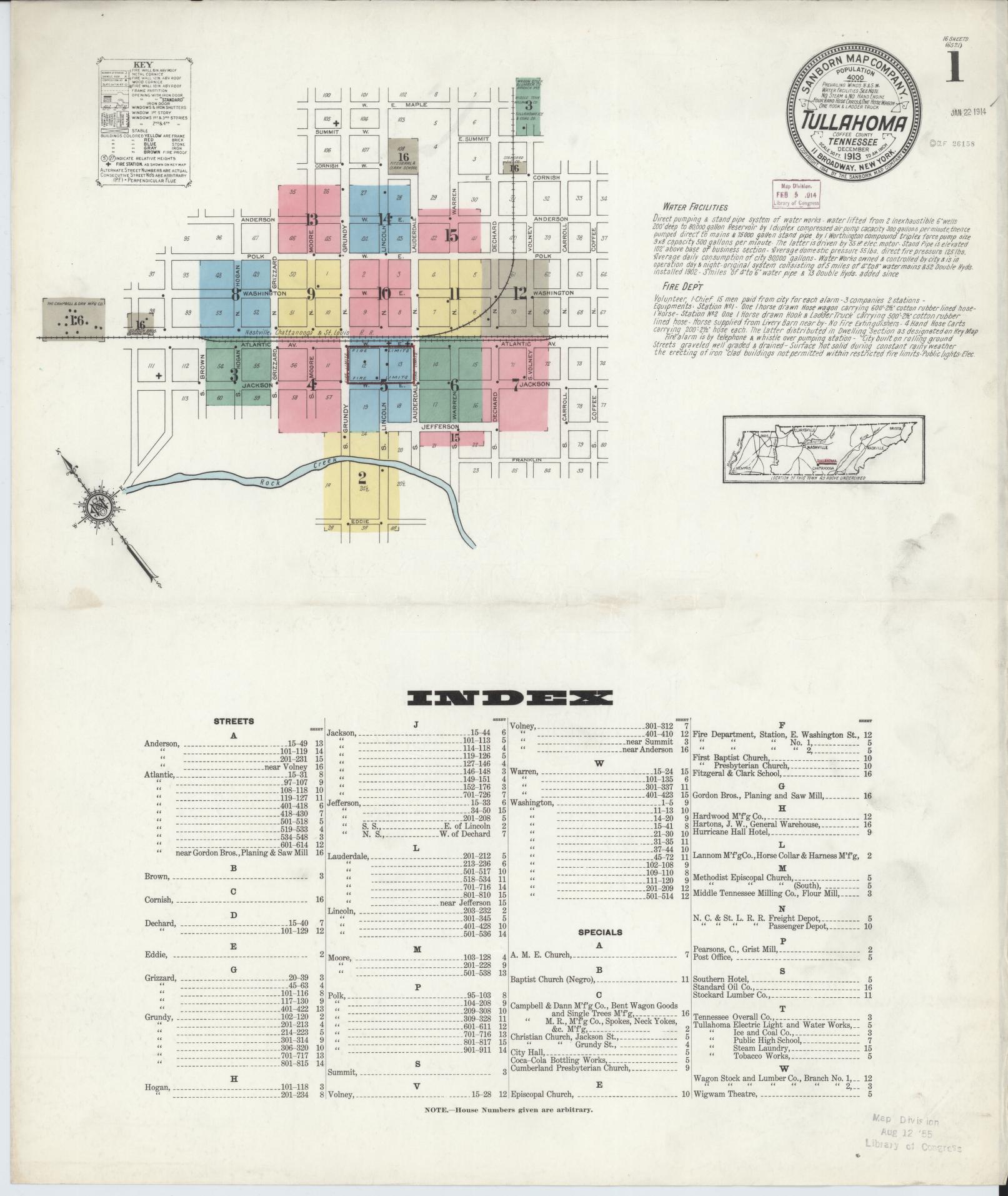 Sanborn Fire Insurance Map from Tullahoma, Coffee County, Tennessee (1913), Sheet #0001 - Complete Map Set gallery image, historic Sanborn map, vintage wall art, Tennessee Tennessee
