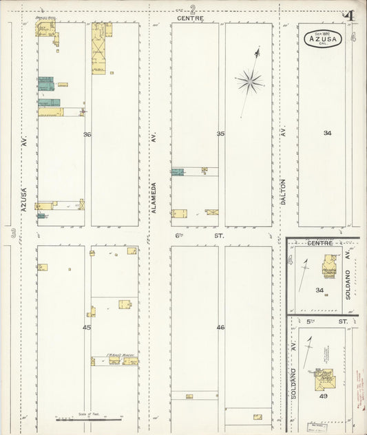 Sanborn Fire Insurance Map from Azusa, Los Angeles County, California (1892), Sheet #0004 - Historic Sanborn Fire Insurance Map Print, vintage old map wall art, antique decor, genealogy gift, California California map