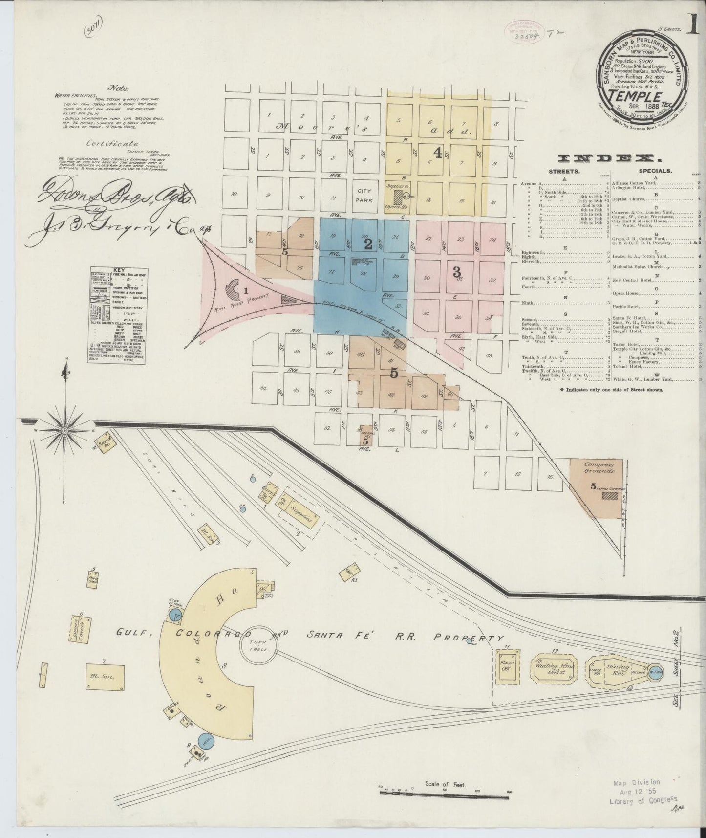 Sanborn Fire Insurance Map from Temple, Bell County, Texas (1888), Sheet #0001 - Complete Map Set gallery image, historic Sanborn map, vintage wall art, Texas Texas