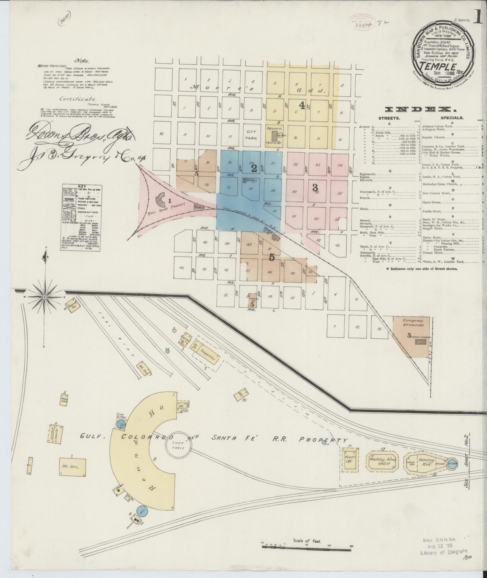 Sanborn Fire Insurance Map from Temple, Bell County, Texas (1888), Sheet #0001 - Complete Map Set gallery image, historic Sanborn map, vintage wall art, Texas Texas