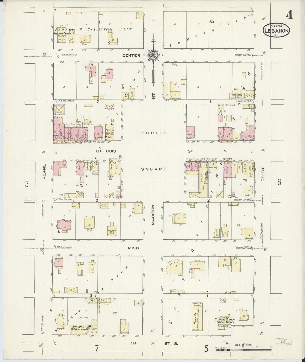 Sanborn Fire Insurance Map from Lebanon, Saint Clair County, Illinois (1914), Sheet #0004 - Complete Map Set gallery image, historic Sanborn map, vintage wall art, Illinois Illinois