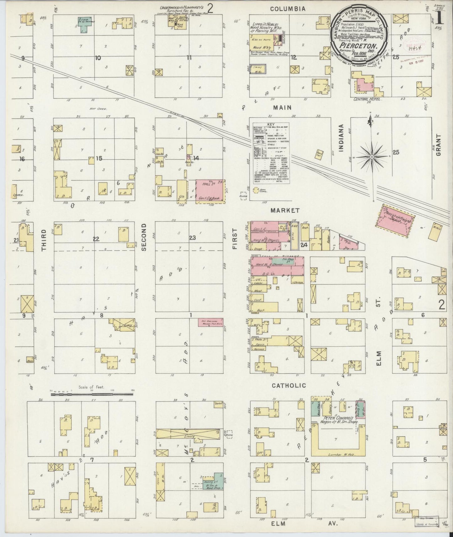 Sanborn Fire Insurance Map from Pierceton, Kosciusko County, Indiana (1896), Sheet #0001 - Complete Map Set gallery image, historic Sanborn map, vintage wall art, Indiana Indiana