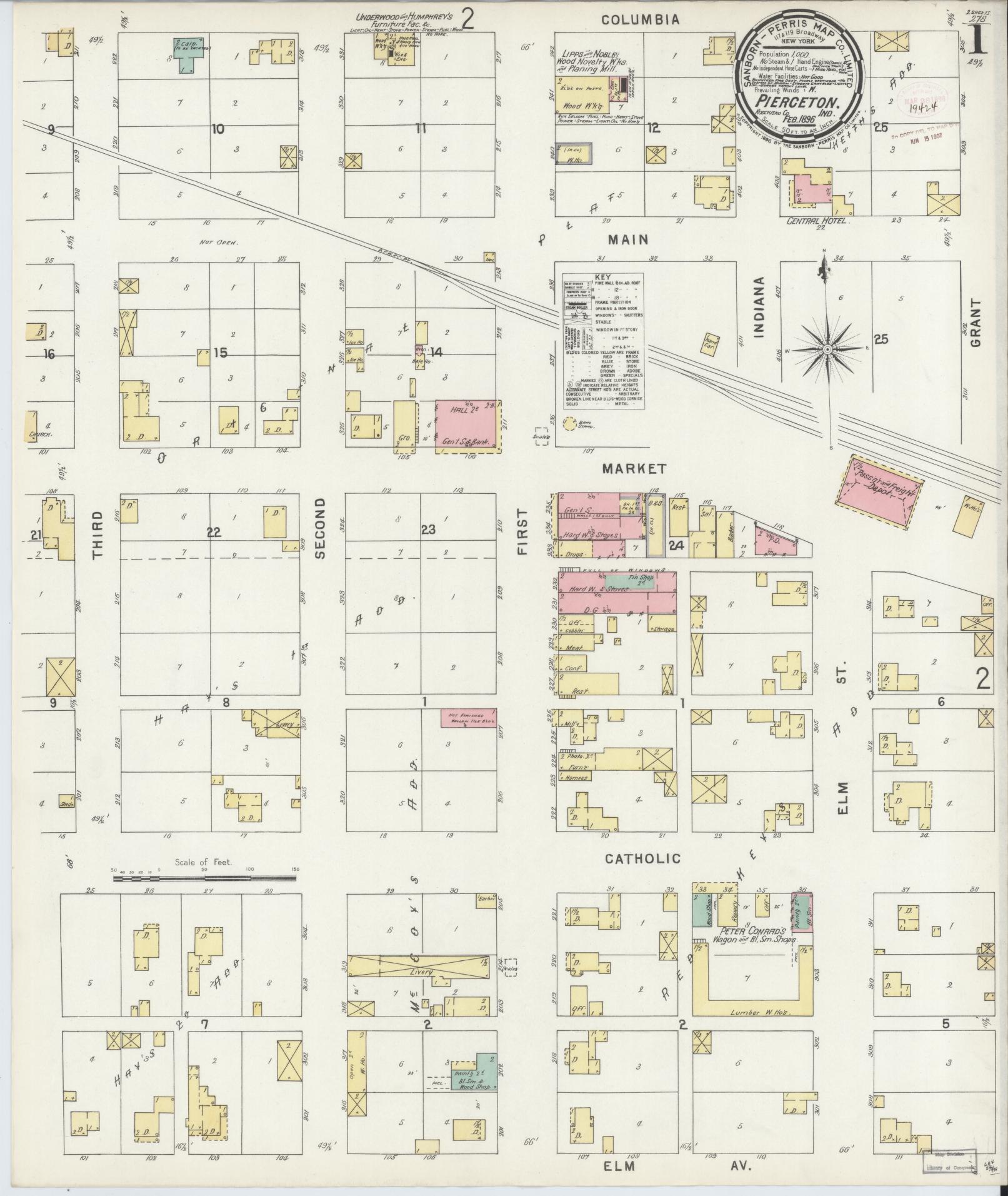 Sanborn Fire Insurance Map from Pierceton, Kosciusko County, Indiana (1896), Sheet #0001 - Complete Map Set gallery image, historic Sanborn map, vintage wall art, Indiana Indiana
