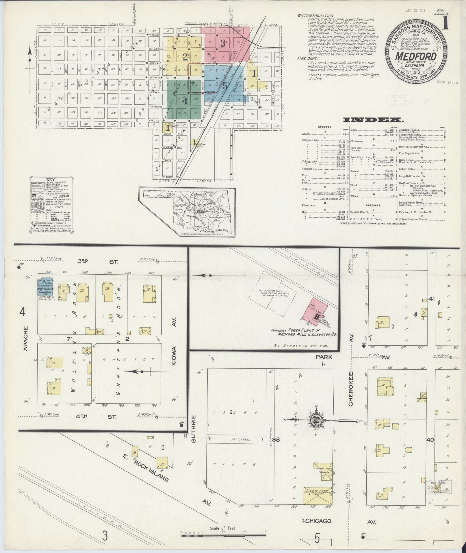 Sanborn Fire Insurance Map from Medford, Grant County, Oklahoma (1913), Sheet #0001 - Historic Sanborn Fire Insurance Map Print, vintage old map wall art, antique decor, genealogy gift, Oklahoma Oklahoma map