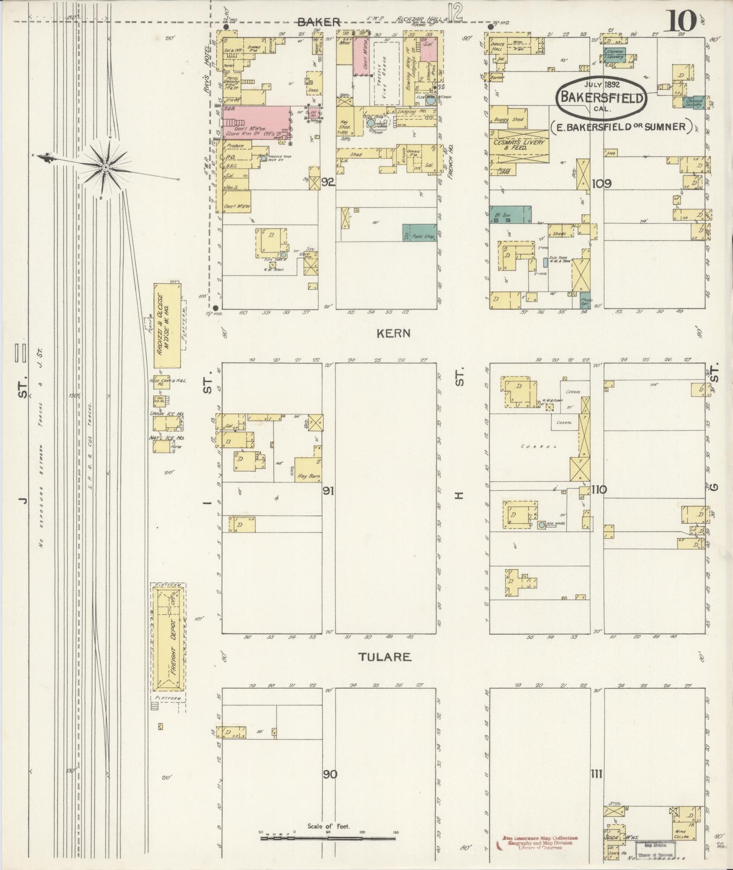 Sanborn Fire Insurance Map from Bakersfield, Kern County, California (1892), Sheet #0010 - Historic Sanborn Fire Insurance Map Print, vintage old map wall art, antique decor, genealogy gift, California California map
