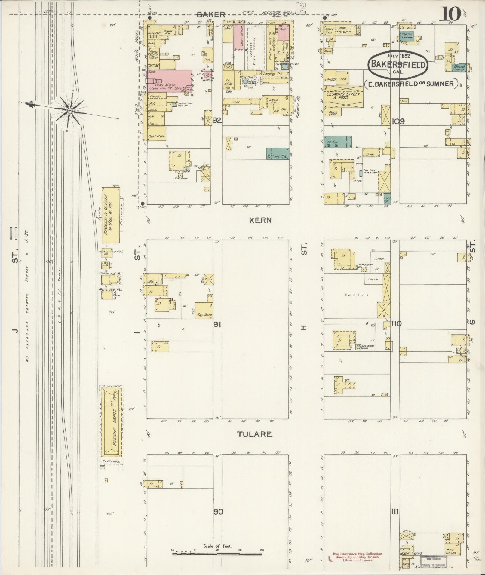 Sanborn Fire Insurance Map from Bakersfield, Kern County, California (1892), Sheet #0010 - Historic Sanborn Fire Insurance Map Print, vintage old map wall art, antique decor, genealogy gift, California California map