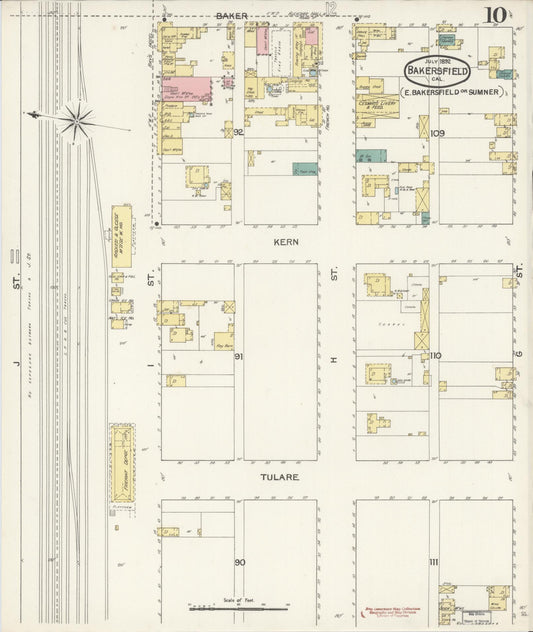 Sanborn Fire Insurance Map from Bakersfield, Kern County, California (1892), Sheet #0010 - Historic Sanborn Fire Insurance Map Print, vintage old map wall art, antique decor, genealogy gift, California California map