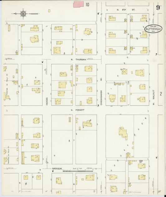 Sanborn Fire Insurance Map from Blytheville, Mississippi County, Arkansas (1913), Sheet #0009 - Historic Sanborn Fire Insurance Map Print, vintage old map wall art, antique decor, genealogy gift, Blytheville Mississippi map