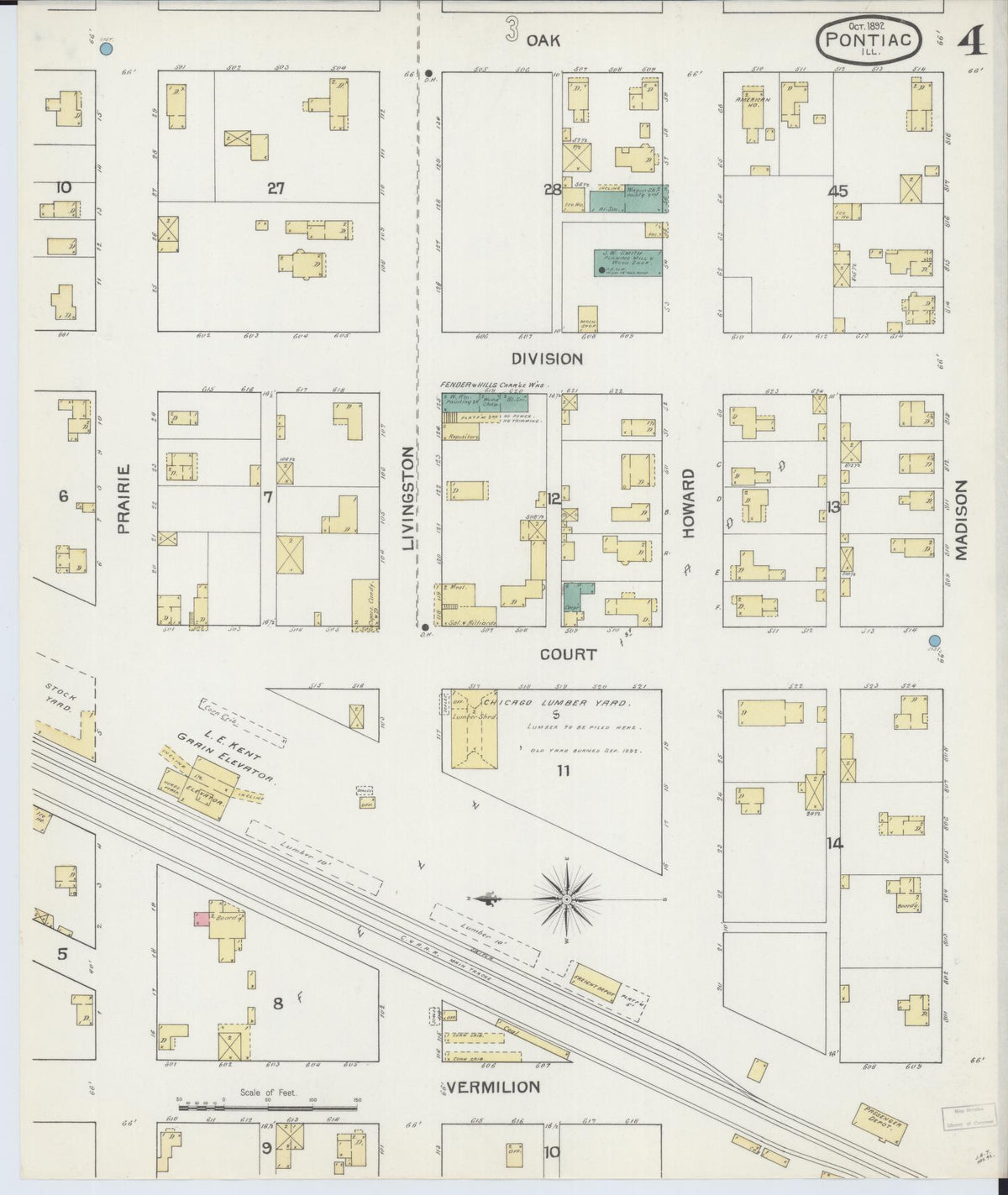 Sanborn Fire Insurance Map from Pontiac, Livingston County, Illinois (1892), Sheet #0004 - Historic Sanborn Fire Insurance Map Print, vintage old map wall art, antique decor, genealogy gift, Illinois Illinois map