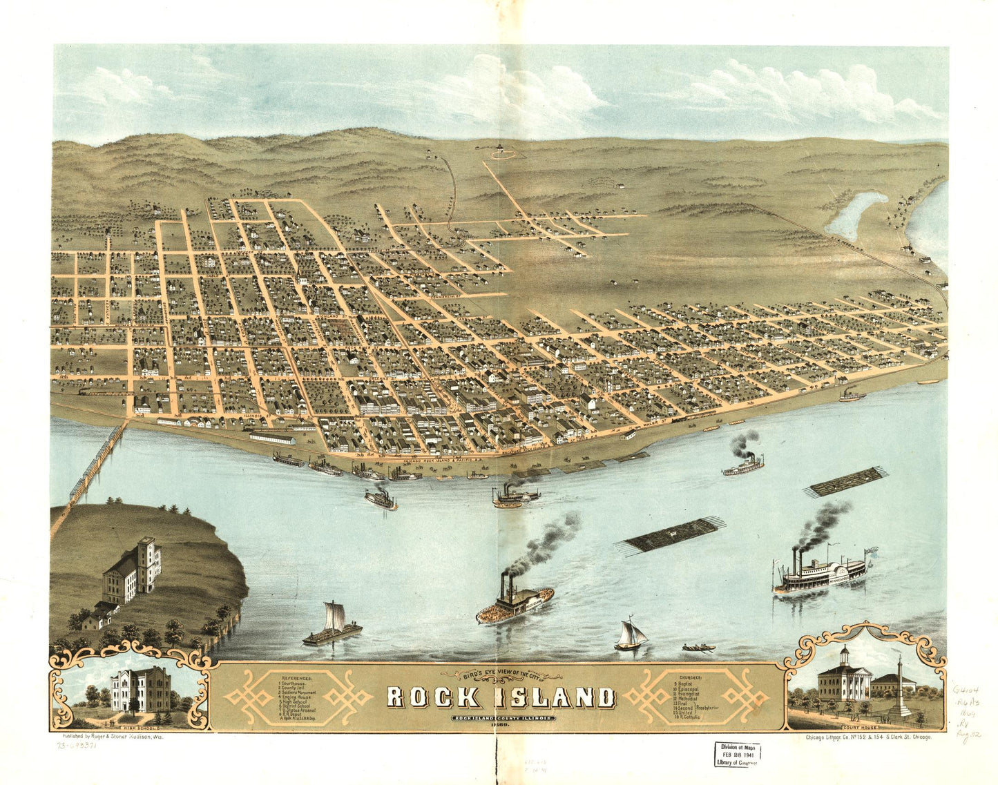 Bird's eye view of the city of Rock Island, Rock Island County, Illinois 1869. (1869) – Historic Bird’s-Eye View Panorama Print